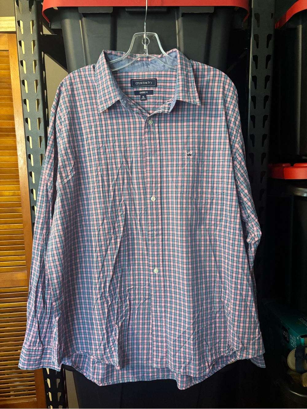 crown & ivy Men's Blue and Pink Check Button-Down Shirt